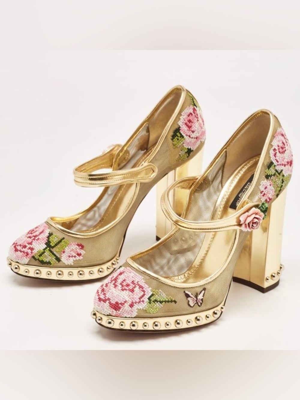 Dolce & Gabbana Gold Mesh & Leather Floral Studded Block Heel Mary Janes Size 40 - Picture 11 of 14
